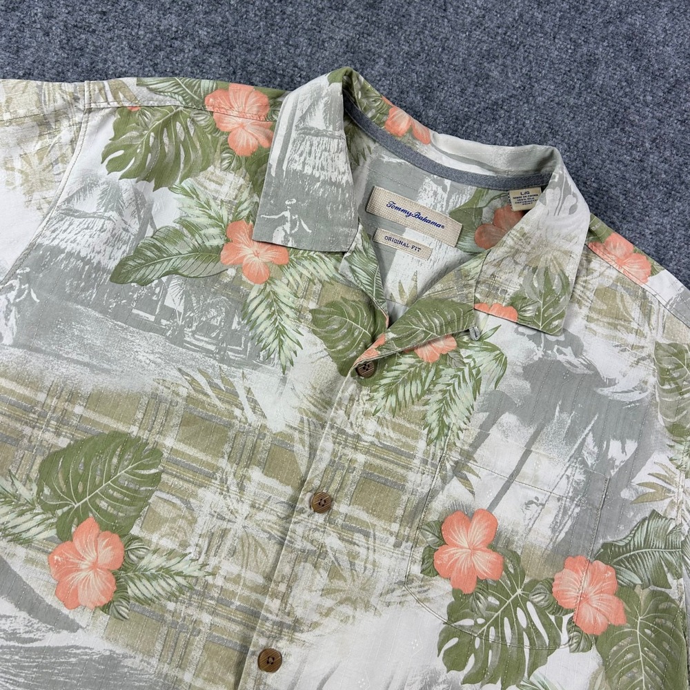 Tommy Bahama Silk Shirt Mens L Green Floral Tropical Original Fit Beach‎ 10971